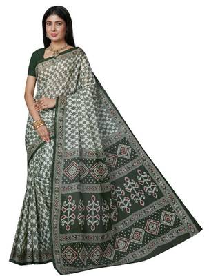 White & green checked pure cotton  block print saree 1