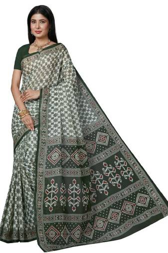 White & green checked pure cotton  block print saree