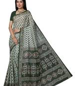 White & green checked pure cotton  block print saree