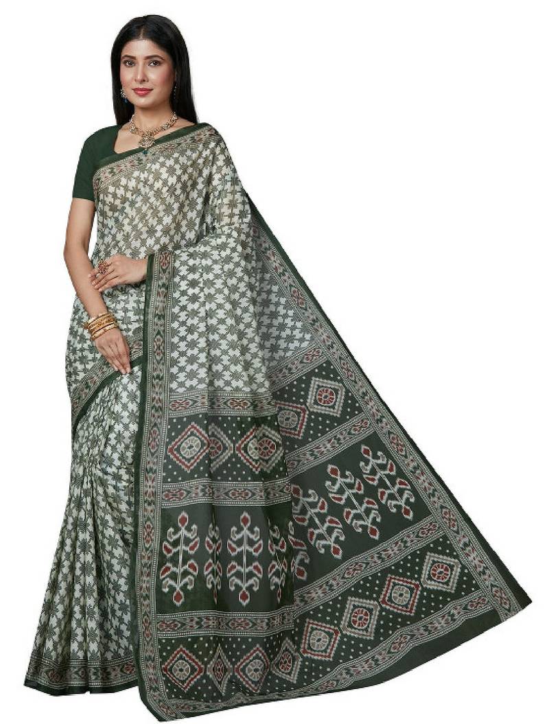 White & green checked pure cotton  block print saree