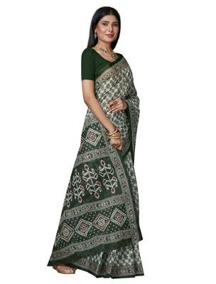 White & green checked pure cotton  block print saree 2