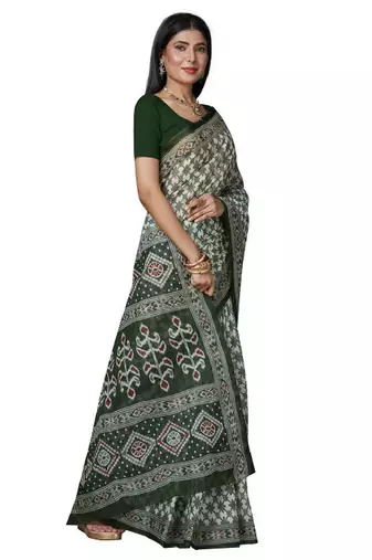 White & green checked pure cotton  block print saree