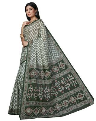 White & green checked pure cotton  block print saree 3