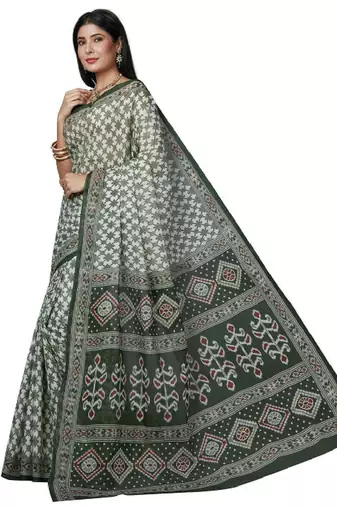 White & green checked pure cotton  block print saree