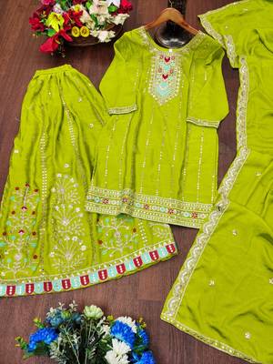 green silk blend  embroidery work sharara suit with dupatta 5