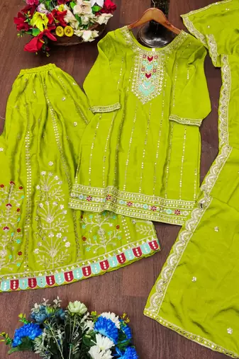 green silk blend  embroidery work sharara suit with dupatta