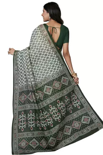 White & green checked pure cotton  block print saree