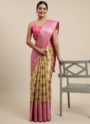Beige & pink ethnic motifs zari organza kanjeevaram saree 1