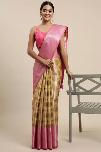 Beige & pink ethnic motifs zari organza kanjeevaram saree