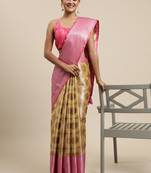 Beige & pink ethnic motifs zari organza kanjeevaram saree