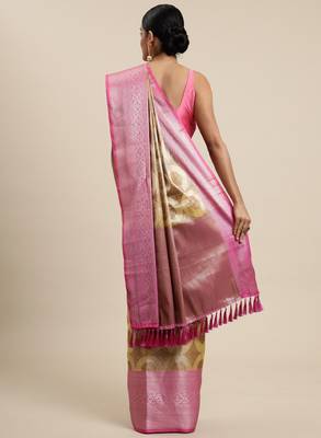 Beige & pink ethnic motifs zari organza kanjeevaram saree 3