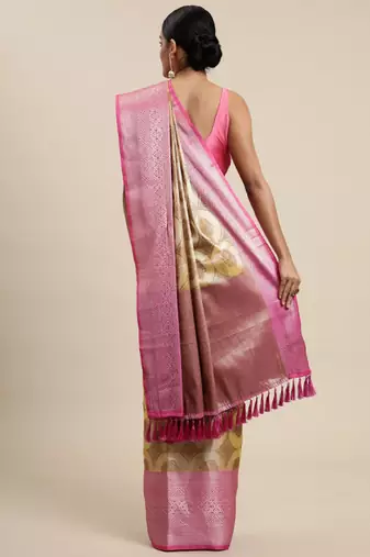 Beige & pink ethnic motifs zari organza kanjeevaram saree