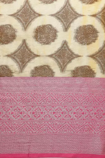 Beige & pink ethnic motifs zari organza kanjeevaram saree
