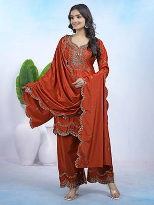 orange elegant natural crepe kurta set with pants and dupatta featuring sequence embroidery work for women  1