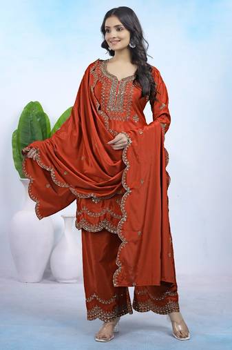 orange elegant natural crepe kurta set with pants and dupatta featuring sequence embroidery work for women 