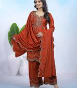 orange elegant natural crepe kurta set with pants and dupatta featuring sequence embroidery work for women 