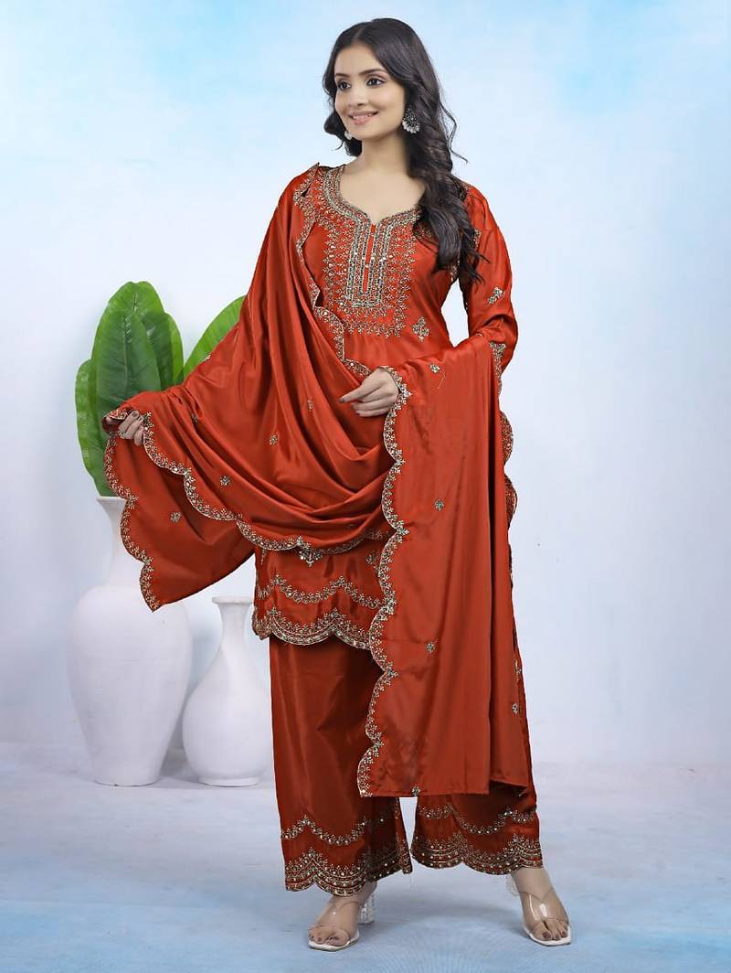 orange elegant natural crepe kurta set with pants and dupatta featuring sequence embroidery work for women 