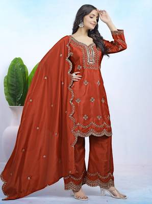 orange elegant natural crepe kurta set with pants and dupatta featuring sequence embroidery work for women  2