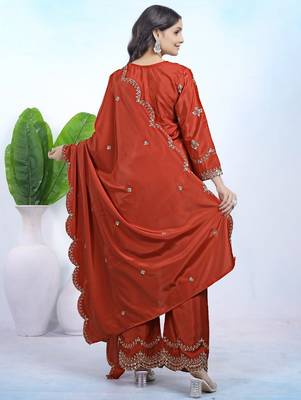 orange elegant natural crepe kurta set with pants and dupatta featuring sequence embroidery work for women  4
