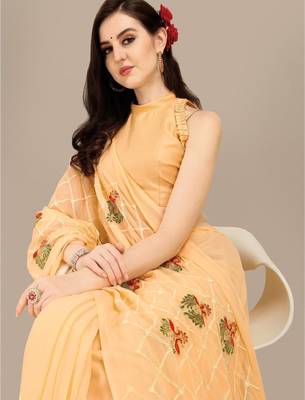 Women floral embroidered georgette saree 4