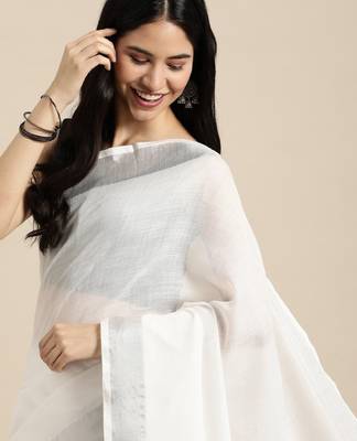 Off white solid linen blend saree 1