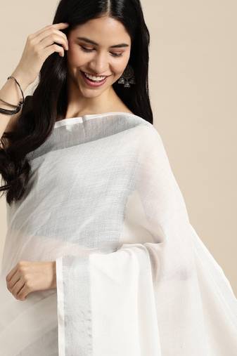 Off white solid linen blend saree