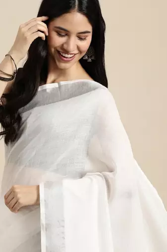 Off white solid linen blend saree