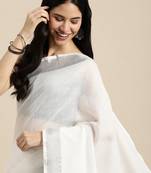 Off white solid linen blend saree