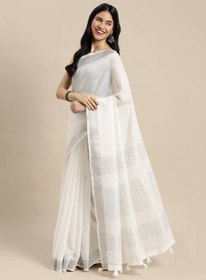 Off white solid linen blend saree 2