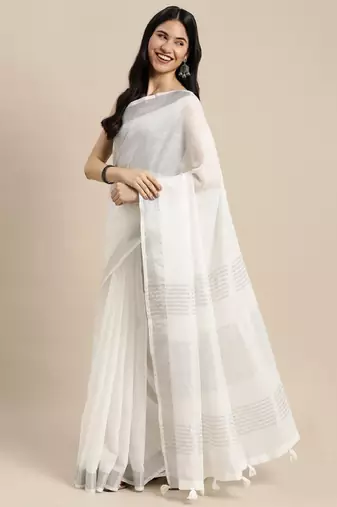 Off white solid linen blend saree