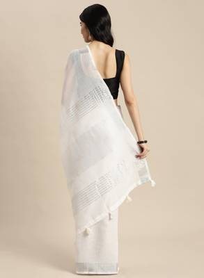 Off white solid linen blend saree 3