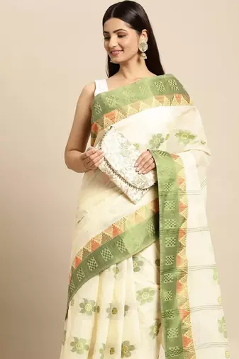 Off white & green ethnic motifs pure cotton taant saree