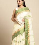 Off white & green ethnic motifs pure cotton taant saree