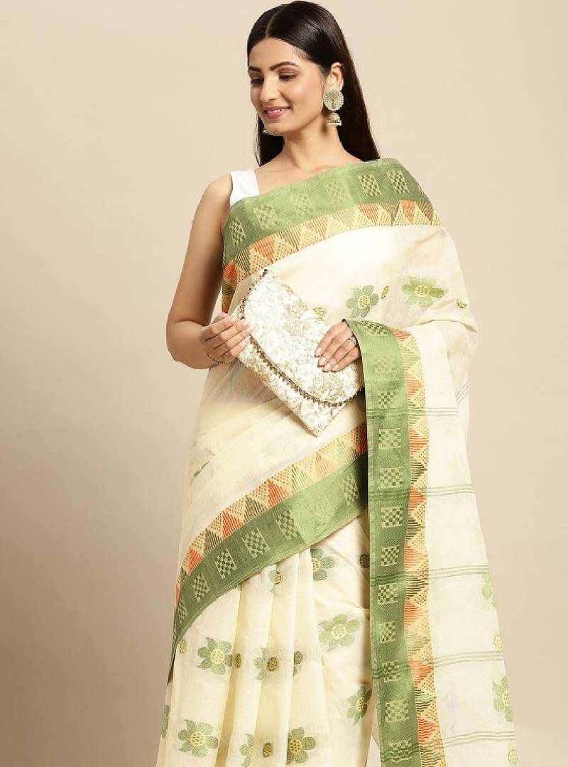 Off white & green ethnic motifs pure cotton taant saree