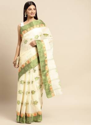Off white & green ethnic motifs pure cotton taant saree 2