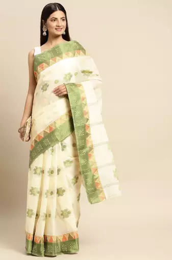 Off white & green ethnic motifs pure cotton taant saree