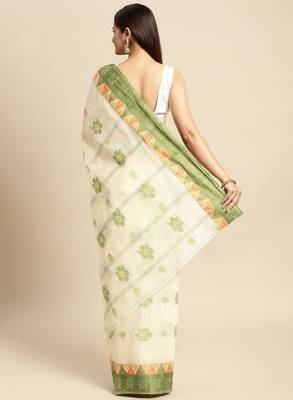 Off white & green ethnic motifs pure cotton taant saree 3