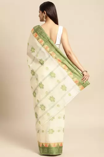 Off white & green ethnic motifs pure cotton taant saree