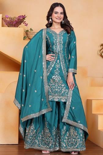 teal green crepe silk blend  embroidered sequins palazzo suit festive wear for women's