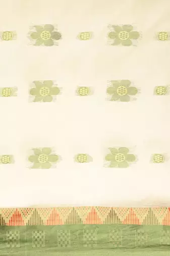 Off white & green ethnic motifs pure cotton taant saree