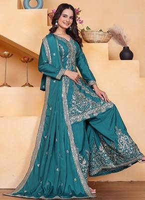 teal green crepe silk blend  embroidered sequins palazzo suit festive wear for women's 2