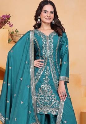teal green crepe silk blend  embroidered sequins palazzo suit festive wear for women's 3