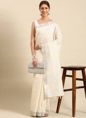 Woven design striped zari pure linen saree 1