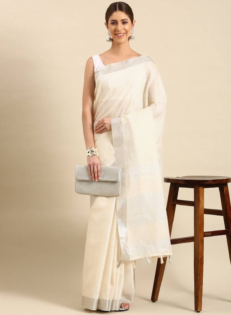 Woven design striped zari pure linen saree