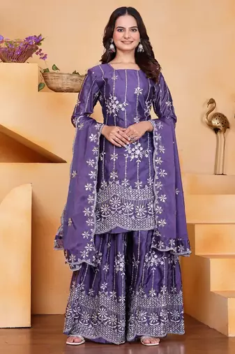 purple fully stitched  top with embroidered sharara dupatta for women's