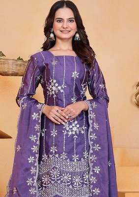 purple fully stitched  top with embroidered sharara dupatta for women's 3