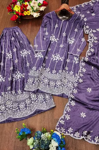 purple fully stitched  top with embroidered sharara dupatta for women's