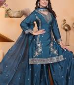 teal silk blend  embroidered sequins palazzo suit festive wear