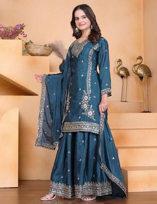 teal silk blend  embroidered sequins palazzo suit festive wear 2