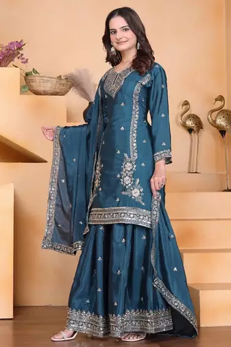 teal silk blend  embroidered sequins palazzo suit festive wear